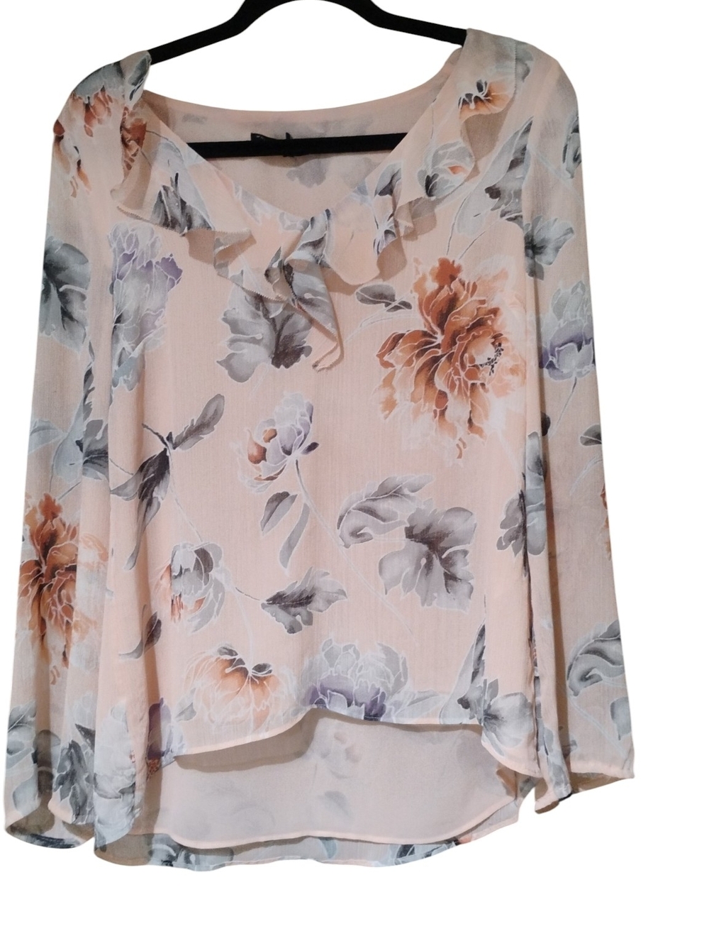 White House Black Market Peach Floral Ruffle Neck Boho Blouse SZ 14